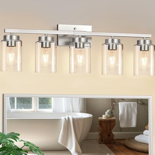 Image of IZORRO Bathroom Light Fixtures, Modern Vanity Lights, Bathroom Lighting Fixtures Over Mirror with Clear Glass Shade, Wall Sconce for Living Room Cabinet Bedroom (Brushed Nickel, 5-Light)