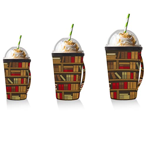 Bookshelf Pattern Iced Coffee Cup Sleeve for Cold Beverages Book Neoprene Cup Sleeve with Handle Coffee Tea Cups Insulated Sleeves (24 oz)