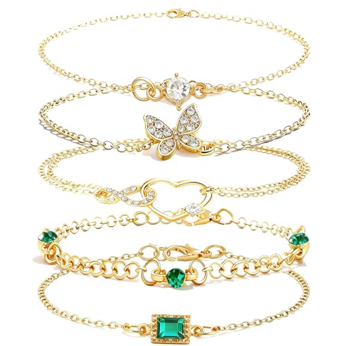 EKKONG 5 Piezas Pulseras Doradas para Mujeres, Pulseras Tipo Manilla, Pulseras de Mariposa, Pulseras Apilables, Cadena para Mano, Joyería de Moda para Mujeres y Chicas Regalos San Valentín (B)