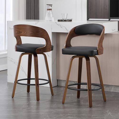 VipDesk Swivel Bar Stools Set of 2, Walnut Counter Height Bar Stools with Back and Arms, 26" Modern Faux Leather Upholstered Bar Chairs with Bentwood Frame for Kitchen Island Bar - Black