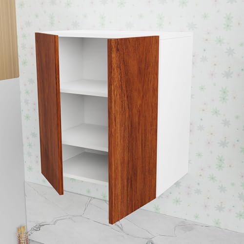 Image of 2 Door Multipurpose Wall Mounted Cabinet with Adjustable & Fixed Shelf | Storage for Modular Kitchen, Office & Living Room | Assembly-DIY | Color-White & Cherry Pine | Size-60x33x63.8 Cm