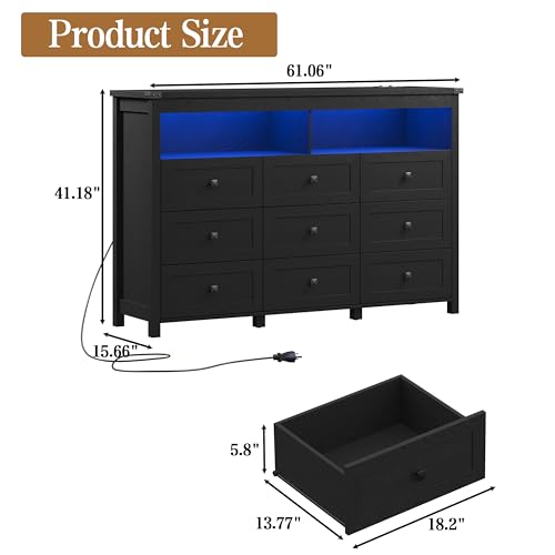 Image of Wodeer 9 Drawer Dresser for Bedroom with LED Lights, Charging Station, Wood Chest of Drawers with Metal Handles, Modern TV Stand & Storage Organizer for Living Room, Hallway, Black