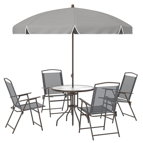 Outsunny 6 Piece Garden Dining Set with Umbrella, Patio Sets with Parasol, 4 Folding Dining Chairs & Round Tempered Glass Table, Dark Grey