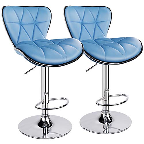 Leopard Shell Back Adjustable Swivel Bar Stools, PU Leather Padded with Back, Set of 2 ( Sky Blue )