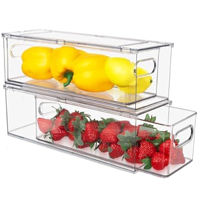Abiudeng 2 Pack Stackable Refrigerator Organizer Bins with Pull-out Drawer, Drawable Clear Fridge Drawer Organizer with Handle, Plastic Kitchen Pantry Storage Containers