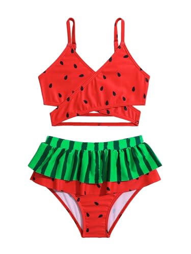 Image of WDIRARA Toddler Girl's 2 Piece Cute Swimwear Printed Criss Cross Ruffle Swimsuits Beach Sport Bathing Suit