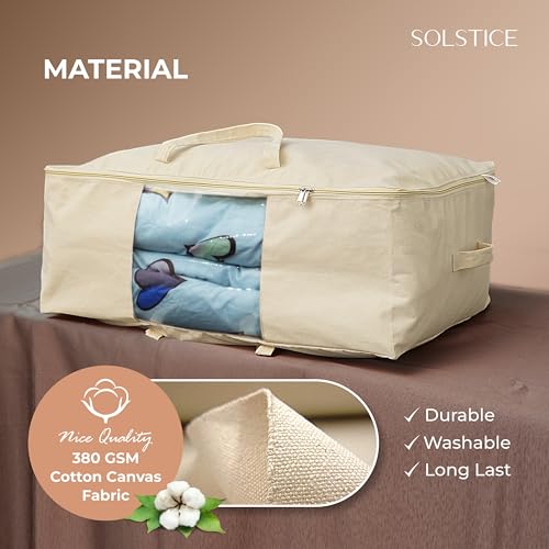 Image of SOLSTICE Extra Large Cotton Canvas Blanket Storage Bags with Zipper, 4 Handles & Window | for Saree, Pillows, Blankets, Rajai & Seasonal Clothes as Wardrobe Organizer and Under Bed Storage | Pack of 2