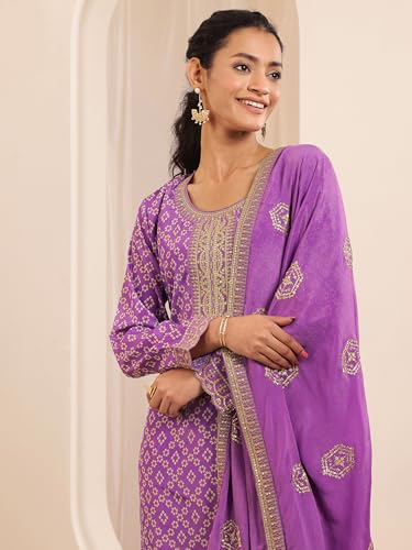Image of Libas Lavender Printed Chinon Straight Kurta Set for Women Suit