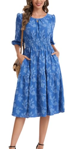Image of Kormei Women Casual Boho Floral Round Neck 3 /4 Sleeve Smocked Waist Tiered A Line Flowy Swing Midi Dress Long Dresses