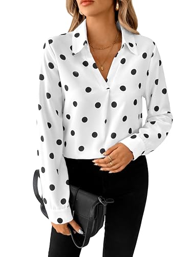 SOFIA'S CHOICE Polka Dot Shirts for Women Long Sleeve Dressy Blouse Work Business Fall Outfits Black and White Large