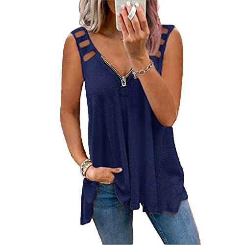 Janepam Women Tank Tops T-Shirt for Summer Waffle Sleeveless Hollow Strap Plain Solid V-Neck Zipper Plus Size Tee Blouse Cami Camisole(XL,G Navy)
