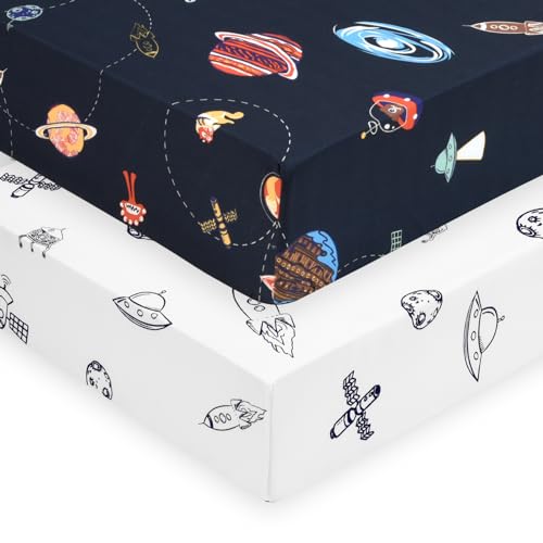 Image of PHF Soft Space Crib Sheet Fitted, 2 Pack Silky Comfy Breathable Polyester Baby Sheets for Boys Girls,28x52x9in Fits Standard Crib and Toddler Mattresses, Space