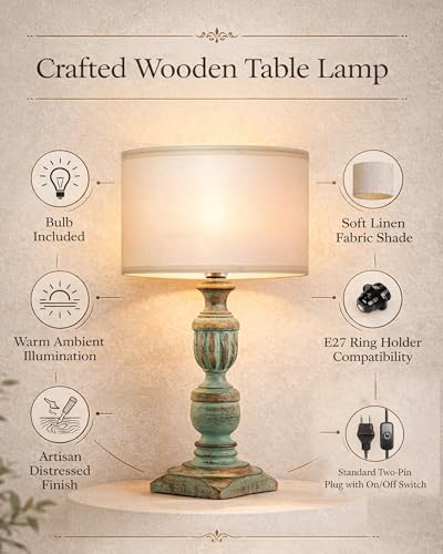 Image of Homesake Rustic Green Wooden Table Lamp for Home Decor | Bedside & Night Lamp for Bedroom, Living Room, Study Table | Vintage Light Lamp, Room Decor Light, KD Off-White Drum