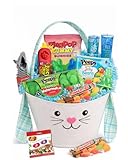 Complete Easter Gift Basket with Assorted Candy, 50 Items – Canvas Bunny Basket with Ring Pops, Push Pops, Peeps Marshmallows, & Jelly Belly Jelly Beans and more (Blue)