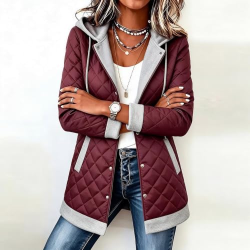 Quilted Jacket for Women Warm Mid Length Button Quilted Coat with Hood - image 3