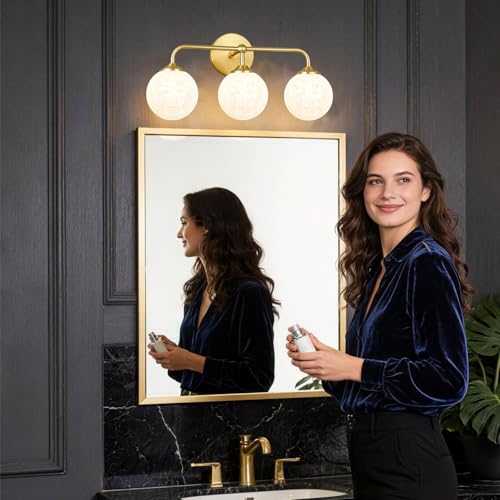 Image of Modern Brushed Gold 3-Lights Vanity Light Fixtures with Carved White Glass Ball Shades, Mid Century Brass Wall Sconce Lighting Fixtures over Mirror, Wall Sconces for Bathroom Dressing Table Bedroom