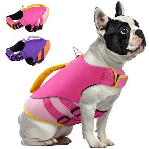 Queenmore Dog Life Jacket,Dog Life Vest for Swimming Boating,Life Jackets for Small Medium Dogs,Ripstop Pet Life Vests with Strong Rescue Pink,M