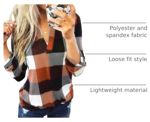 Image of Dokotoo Womens Tops Plaid Cotton Cuffed 3 /4 Sleeve Shirts Blouses