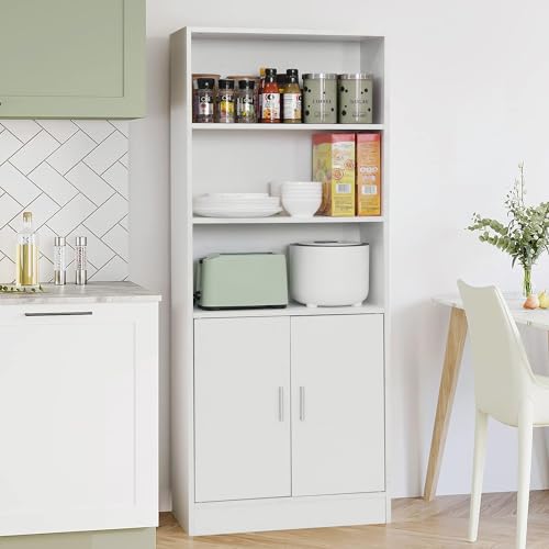 Image of About Space 5 ft Kitchen Cabinet - 5 Tier Wooden Storage Cabinet with 3 Open Shelves & 2 Magnetic Door Crockery Cabinets, Easy to Assemble for Home Living Room (White - L 57 x B 25 x H 158 cm)
