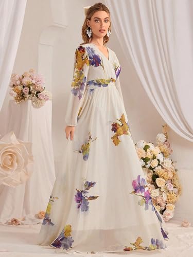 Image of TOLEEN Summer Casual Dresses for Women 2024 Spring Fashion Boho V Neck Long Sleeve Ruffle Floral Print Elegant Maxi Dress