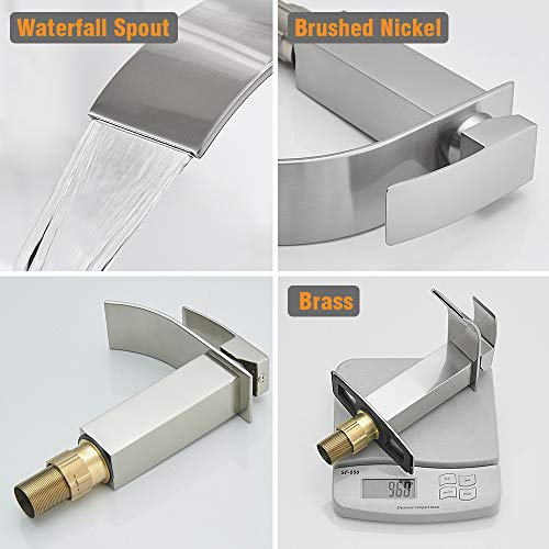 Hoimpro Waterfall Spout Brushed Nickel Bathroom Faucet,Single Handle Bathroom Vanity Sink Faucet, Rv Lavatory Vessel Faucet Basin Mixer Tap with Deck Plate, Lead Free Solid Brass (One or 3 Hole)
