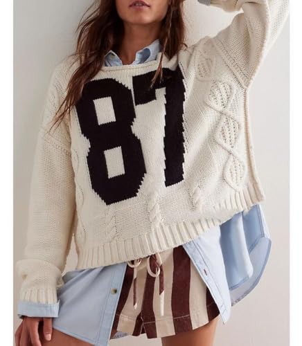Graphic Number Letter Pullover Cable Knit Sweater for Women Oversized Colorblock Crochet Long Sleeve Top3