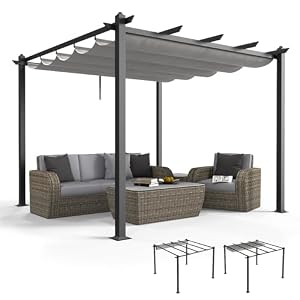 VINGLI 10’x 10' Outdoor Pergola Retractable Aluminum Pergola Canopy with Adjustable Roof, Patio Pergola for Deck, Porch, Garden, Yard (Gray) VINGLI 10x 10 Outdoor Pergola Retractable Aluminum Pergola Canopy with Adjustable Roof Patio Pergola for Deck Porch Garden Yard Gray