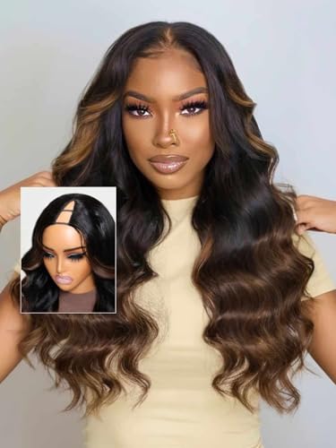 Image of Beauty Forever V Part Wig Human Hair Black to Chestnut Brown Ombre Body Wave Wig Upgrade U Part Wigs Glueless Full Head Clip In V Shape Wigs No Leave Out None Lace Front Wig 150% Density 22inch