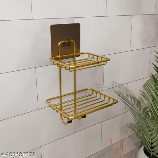 Image of S N Gold Unique Colour Wall Mounted Double Layer soap Dish Holder Stainless Steel Wall Hanging Soap Storage Rack for Kitchen Bathroom-with Self Adhesive Magic Sticker(Silver)