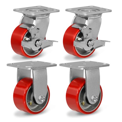 Caster Wheels Heavy Duty, 4'' Industrial Casters with Load 3200lbs Capacity, Polyurethane Swivel Casters Set of 4 (2 Brakes &amp; Rigid)