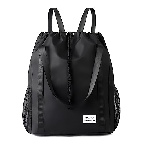 Drawstring Backpack Bag Water-Resistant Large String Cinch Bag with Wet Pocket & Long Handles Gym Bag Sports Beach Sackpack, Black