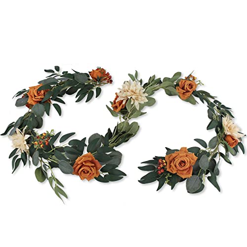 Rinlong Tischläufer mit Blumengirlande, rustikal, gebrannt, orangefarben, mit Blumen, Girlande, Hochzeit, Grün, Girlande, mit Blumen für Esstisch, Kaminsims, Herbstdekoration Cover