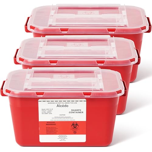 Alcedo Sharps Container for Home and Professional Use 1 Gallon (3-Pack) Biohazard Needle and Syringe Disposal Medical Grade