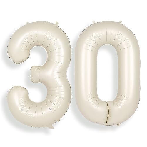 SUWEN 40 Inch Large Cream White 30 Balloon Numbers Big Foil Helium Number Balloons 0-9 Jumbo Happy 30th Mylar Birthday Party Decorations for Women or Men Anniversary Party Supplies