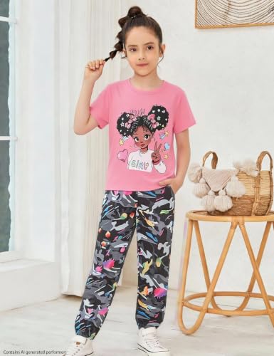 Image of mksodop Girls Outfit Set Graphic T Shirt and Camo Jogger Pants Cute Casual Clothes for Girls 5-16 Years
