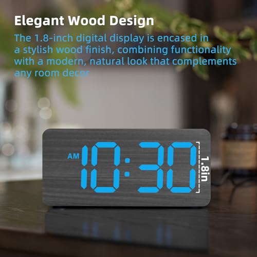 Image of uscce Wooden Digital Alarm Clocks for Bedrooms with 0-100% Dimmable Display | Desk Clock with Large Numbers for Living Room - Loud Dual Alarm for Heavy Sleepers with Volume Control - Wood Decor & Gifts
