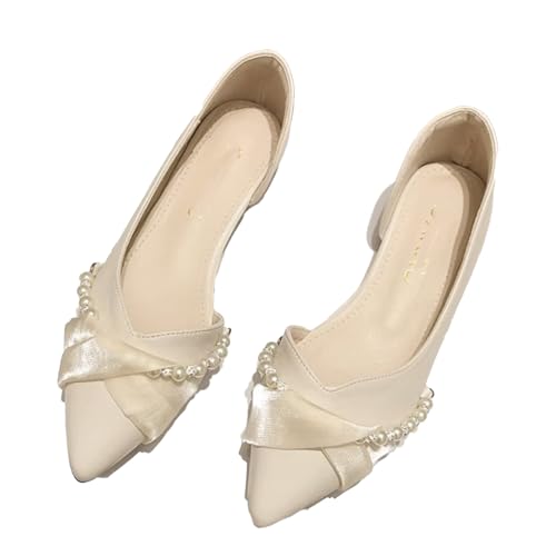 Women's Pointed Toe Ballet Flats with Pearl Chain Comfortable Soft-Soled Flat Mary Shoes Casual Dress Flats