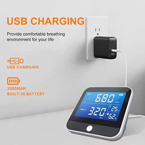 CO2 Detector, Dienmern Carbon Dioxide Monitor Meter With NDIR Sensor, 6-in-1 Air Quality CO2 Monitor With PM2.5/1/10, Temperature & Humidity Real-time Reading, CO2 Alarm Meter(on/off)