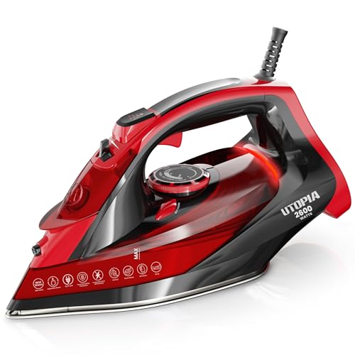 Utopia Home Steam Iron for Clothes - Non-Stick Soleplate - 2600W Clothes Iron With Auto-Off Safety Feature - Adjustable Thermostat Control, Variable Steam Control, Self-Clean, 8 Feet Cord (Black/Red)