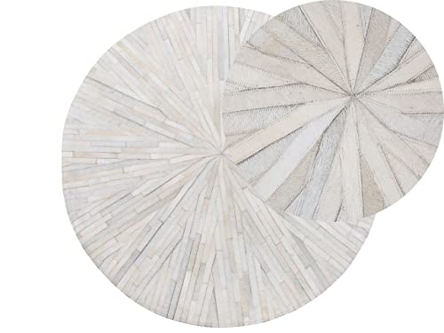 Beliani Tapis Rond Blanc en Cuir Patchwork Motif à Rayures pour Intérieur Moderne 140 cm