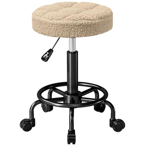 HOMCOM Taburete Giratorio Redondo Taburete con Ruedas Altura Regulable 50-66 cm Asiento Tapizado en Tejido de Borreguito para Salones Talleres SPA Masaje Marrón Claro