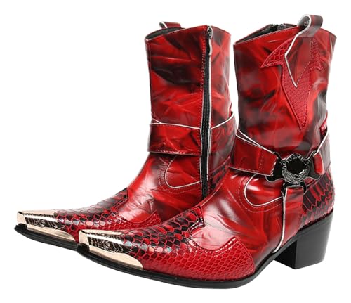 Santimon Cowboy Boot for Men Dress Casual Genuine Leather High Top Boots Metal Wingtip Zipper on Size Western Boots Fashion Wedding Singer Bar Party Ballroom Personalized Chelsea Boots Red 12 US