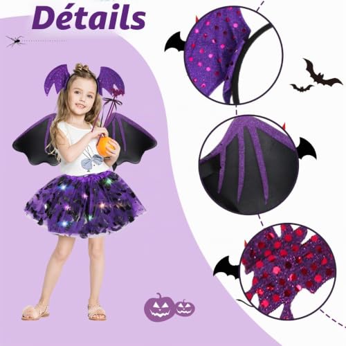 Meleager Costume Chauve Souris Fille, Deguisement Halloween Enfant, 4 Pièces Costume de Chauve-Souris avec Violet Tutu, Ailes, Baguette et Serre-Tête pour Halloween, Carnaval, Cosplay Party – vue 5