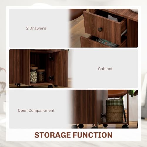 HOMCOM Folding Dining Table for 4-6, Rolling Drop Leaf Table on Wheels with Storage Drawers, Cabinet and Open Shelf for Kitchen, Dining Room, Distressed Brown