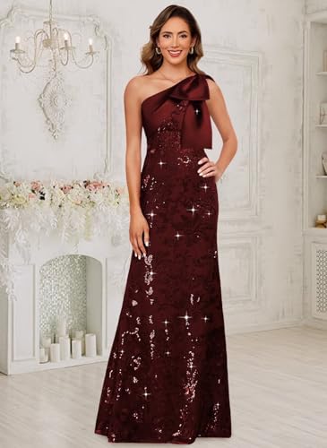Women's Sequin Mother of The Bride Dresses with Bow One Shoulder Lace Formal Evening Dress VS2154