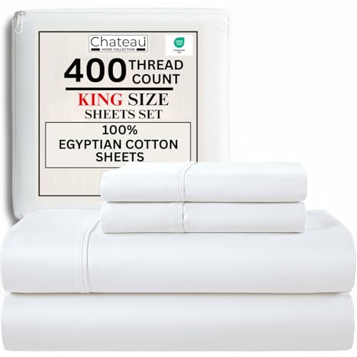 Image of Egyptian Cotton Sheets King Size Sheets Set, 400 Thread Count Sateen Weave Hotel Collection King Sheet Set, Fully Elasticated 15 inch Deep Fitted Sheet & Pillowcase Sets, Soft & Breathable White Bedding