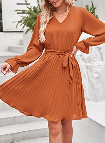 Prettygarden Women's Casual Spring Dresses Long Puff Sleeve V Neck Pleated Ruffle Flowy Belted Dress (Brick Red,Small) #TOP6