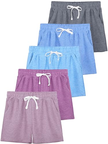 JORHIG 5 Pack Girls Shorts Athletic Soccer Running Active Dry-Fit Sports Basketball Shorts with Drawstring Pocket Set E 10-12 Years