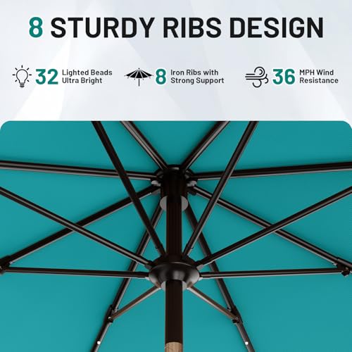 Image of AreShark 9FT Patio Umbrella with Solar Lights, 32 Lighted Pool Umbrella w /Tilt and Crank, Outdoor Market Solar Umbrellas for Garden, Deck, Backyard, Pool and Beach, Lake Blue