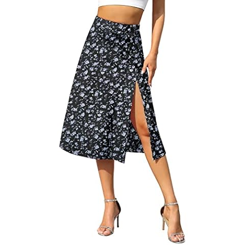 NASHALYLY Women Floral High Waist Split Boho Slit Midi Skirts Hem Swing Zipper Skirt, Black Floral, X-Large Cover